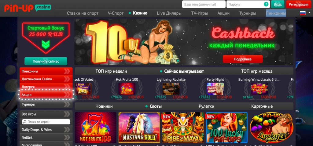 Пин Ап казино — интерфейс и игровой ассортимент виртуального клуба